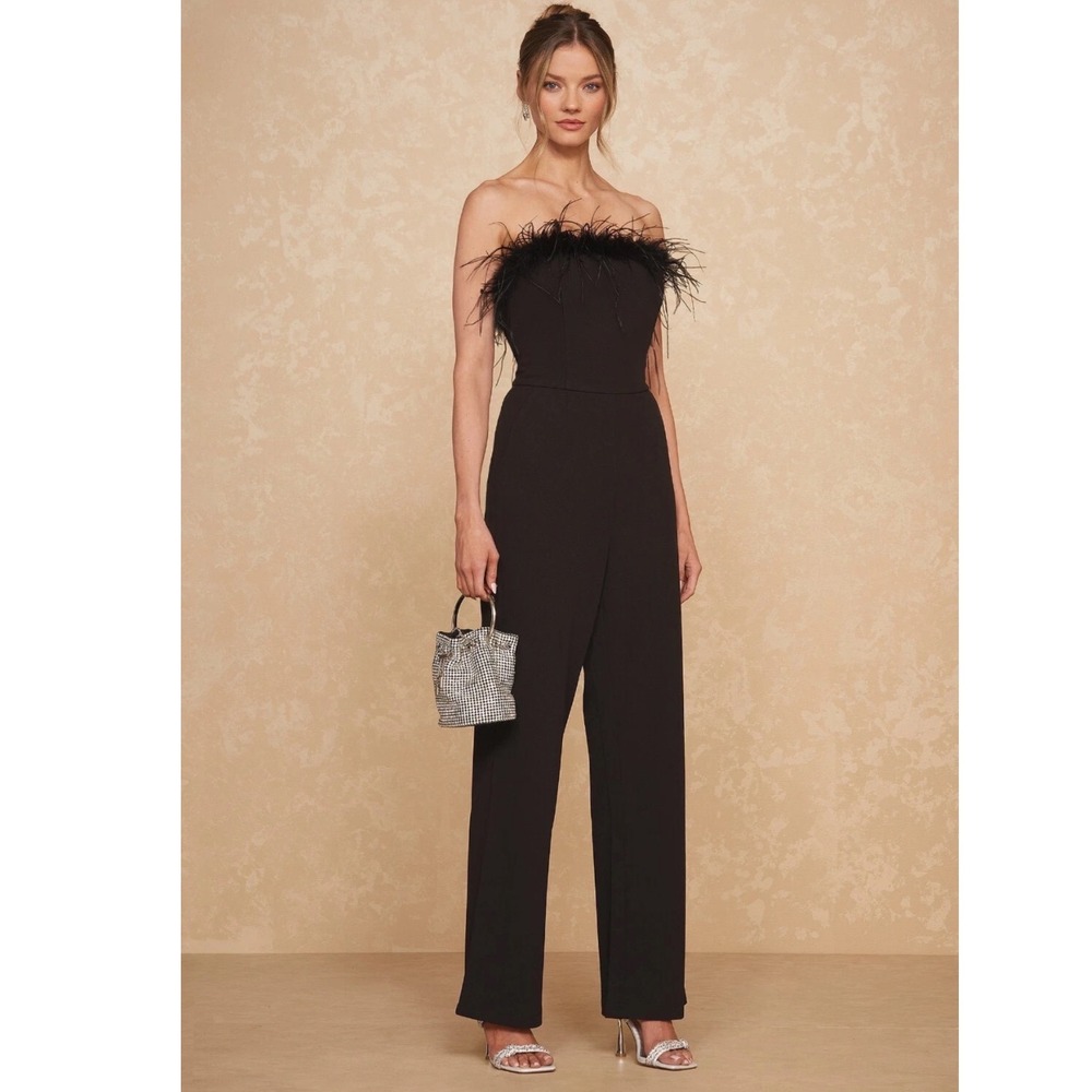 Forever 21 Black Strapless‎ Feather Trim Wide Leg Jumpsuit Small NWT